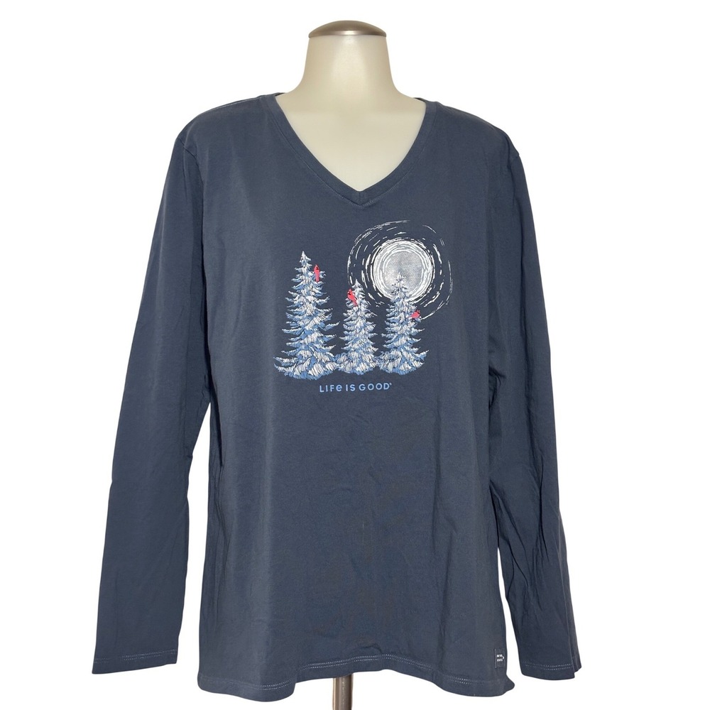 Life is Good Womens Long Sleeve V Neck T Shirt Trees Moon Graphic Blue XL
